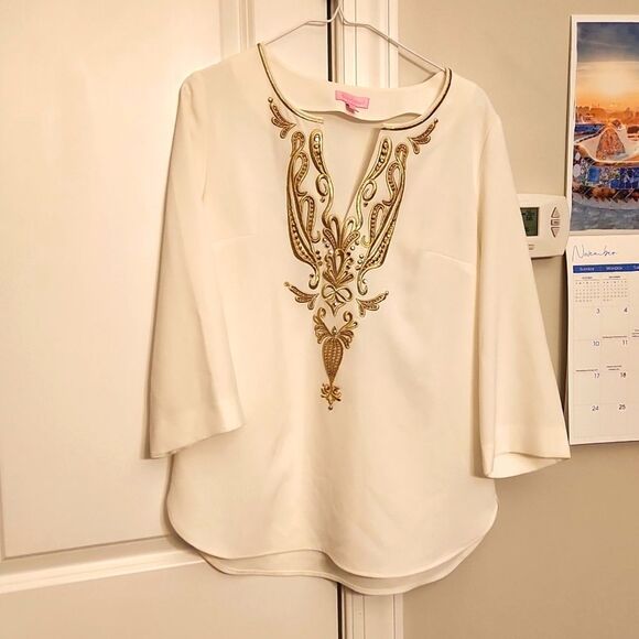 Lilly Pulitzer "Dallas" Long White Tunic Top w/ Gold Stitching Detailing Size 8 - Picture 1 of 10